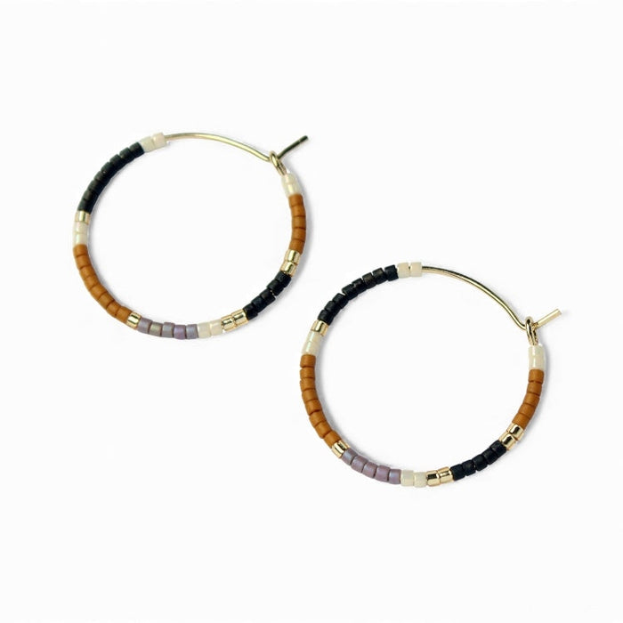 Beaded hoop earrings with black, brown and gray beads; gold-tone hooks