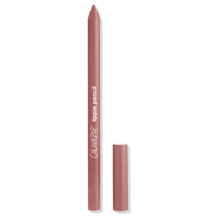 Beeper ColourPop Lippie Pencil standing upright with cap removed, showing a rosy mauve nude tip; matte rose-brown barrel with white logo and cap set beside on a white background for precise lip lining.