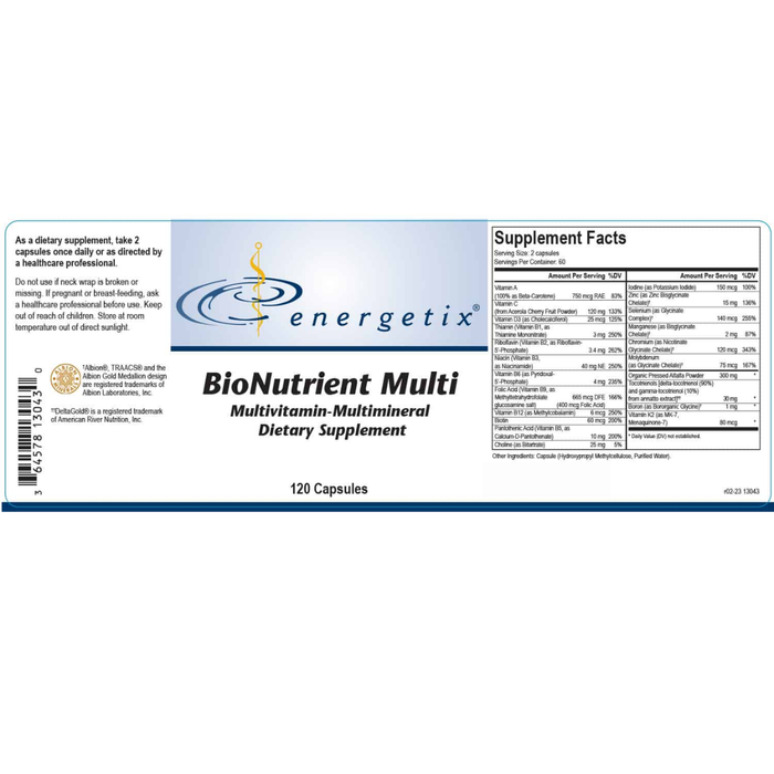 Energetix BioNutrient Multi supplement label on a white background