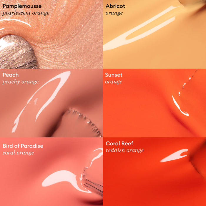 Six close-up squares display Manucurist's Bird of Paradise orange nail polish in shades from peachy to reddish-orange, including coral gel and pearlescent finishes. Each swatch shows the shade name and description in white text.