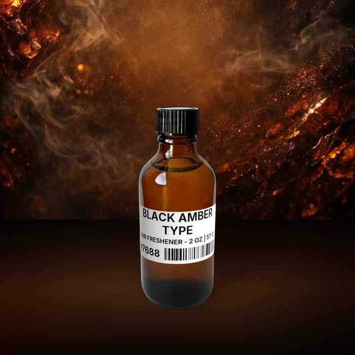 Black Amber Type Air Freshener - 2 oz | 57 g fragrance bottle image with atmospheric background for Air Freshener. Premium lifestyle product photo for fragrance listing.