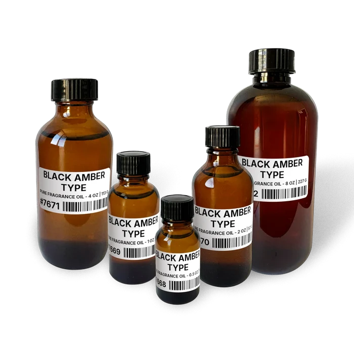 Black Amber Type Pure Fragrance Oil - 1 lb | 454 g bottle image for Pure Fragrance Oil 1 lb. Composite bottle lineup showing 0.5 oz, 1 oz, 2 oz, 4 oz, and 8 oz sizes.
