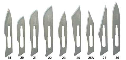 Scalpel blades of varying sizes and shapes are arranged. Numbers 18, 20, 21, 22, 23, 25, 25A, 26, and 36 are displayed below each blade.