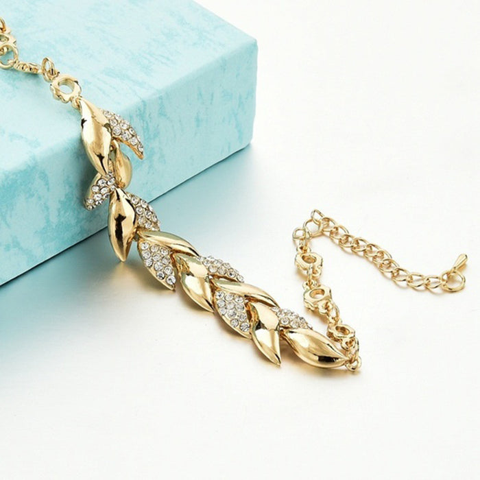 Bohemian Style Gold Bracelet Rhinestone Leaves Chain Bangle