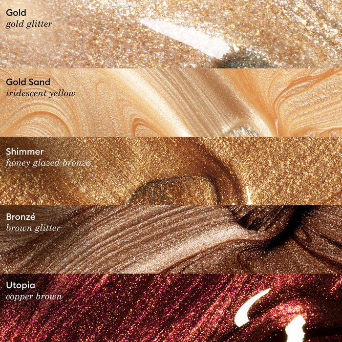 Five horizontal swatches of shimmery makeup from Manucurist’s Bronzé: gold glitter, iridescent yellow, honey-glazed bronze, brown glitter gel polish, and copper gel polish. Each swatch includes its name and description in bold black text.