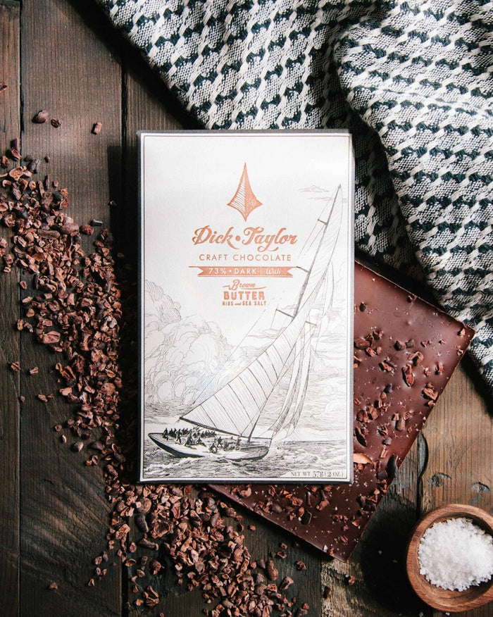 Dick Taylor dark chocolate gift box, brown butter nibs & sea salt sailboat art