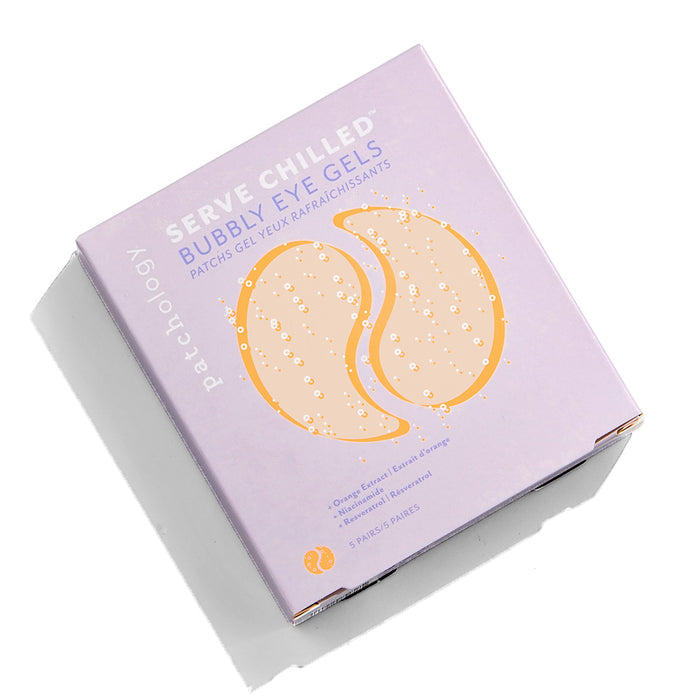 Serve Chilled Bubbly Eye Gels in lavender packaging with orange eye patch graphics.