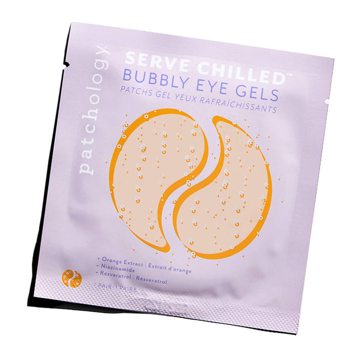 Patchology Serve Chilled Bubbly Eye Gels sachet in lavender packaging with orange details.