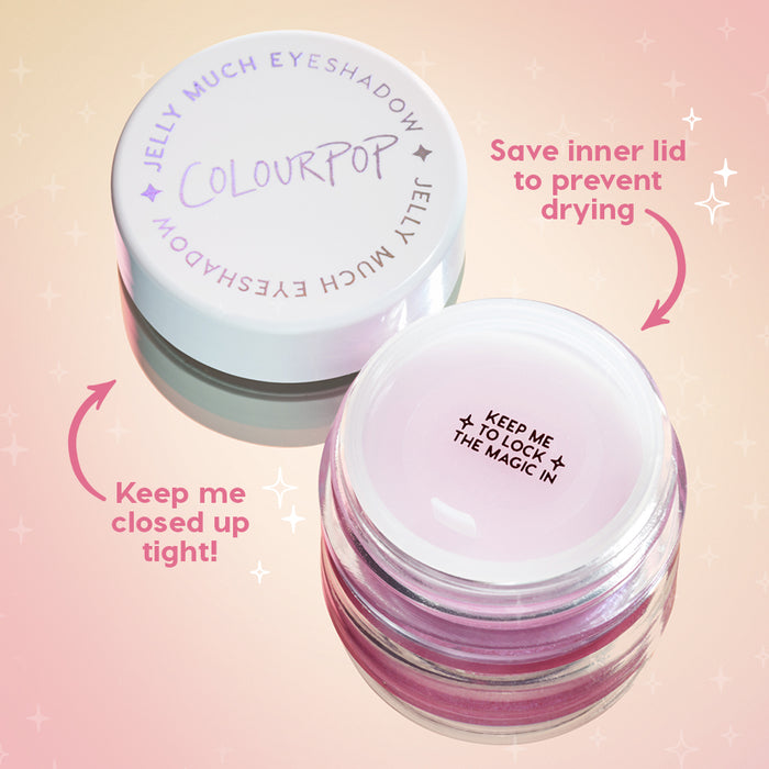 ColourPop Jelly Much Shadow Buzzy jar open with white screw lid and inner seal; lavender-pink jelly eyeshadow in a clear pot, with callouts Keep me closed up tight and Save inner lid to prevent drying on a pastel gradient background.