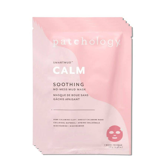 Patchology SmartMud Calm soothing mud mask packets stacked with pink calamine clay for gentle calming skincare