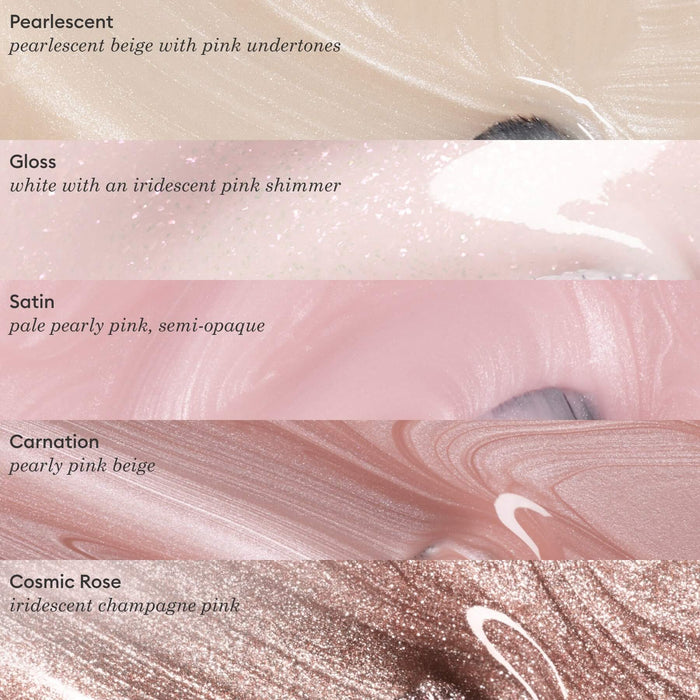 Five swatches of Manucurist nail polish, including the Carnation shade, feature pink tones and Green Flash gel formulas—labeled Pearlescent, Gloss, Satin, Carnation, and Cosmic Rose—with unique shimmers and hues arranged in horizontal strips.