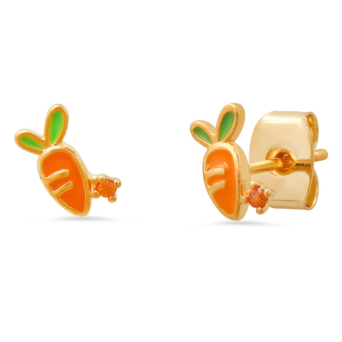 Gold-tone carrot stud earrings with orange enamel body, green leaves, and visible backing post.