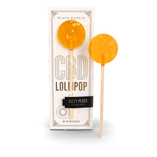 Orange Fuzzy Peach CBD lollipop with stick, shown with retail box (20 mg CBD)