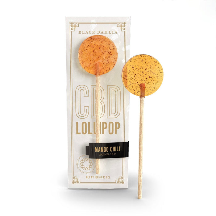 CBD mango chili lollipop pouch with two round lollipops on wooden sticks