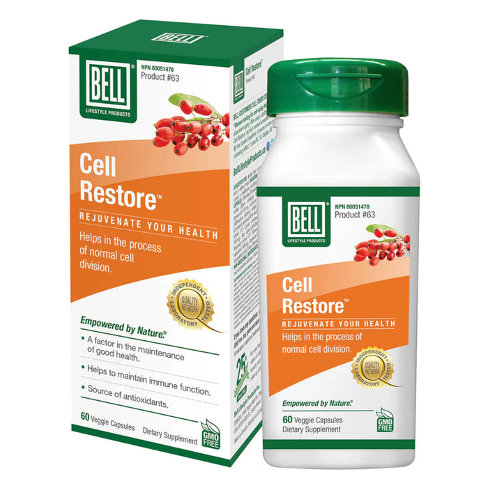 Box & Bottle of Bell Cell Restore™ 60 Veggie Capsules