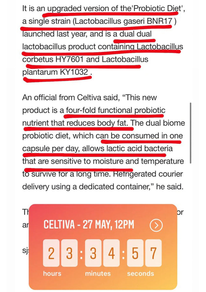 A text-based promotional post describing an upgraded Probiotic Diet product from Celtiva, with red underlines highlighting key phrases, and a digital countdown timer graphic at the bottom showing 23 hours, 34 minutes, 5 seconds, and 7 left.