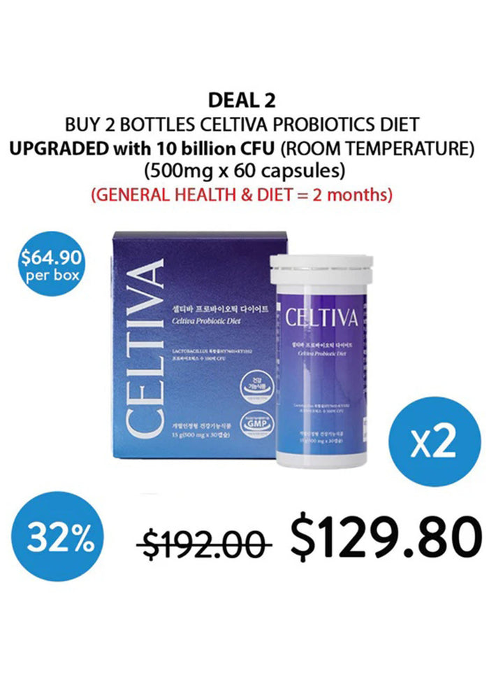 Promotional graphic for CELTIVA probiotics showing one blue box and one white bottle with blue labels, plus sale text, price, and a 'x2' badge on a white background.