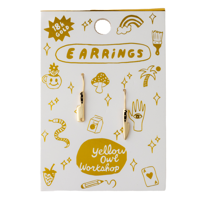 Yellow Owl Workshop chef's knife and cleaver earrings with detailed silver-tone metal design on a white background