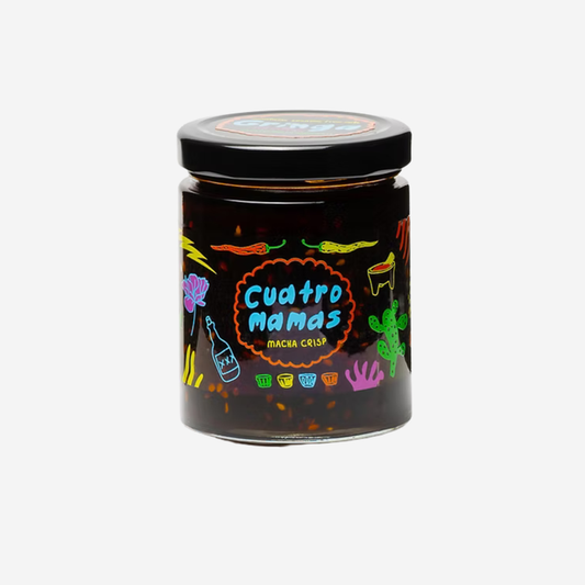 Chili crisp jar with black label artwork and metal lid