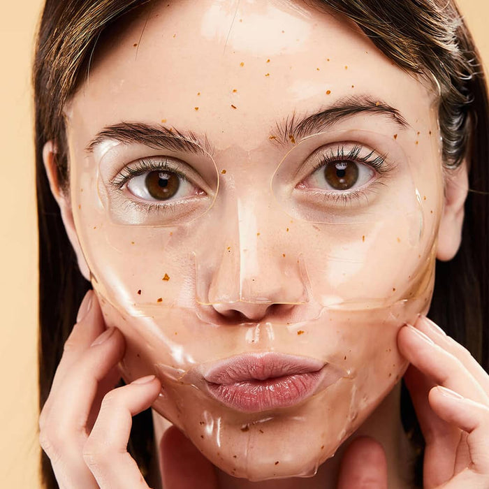 Woman wearing hydrogel Chill Mode two piece natural mood mask