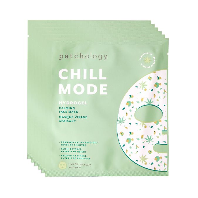 Patchology “Chill Mode” hydrogel calming face mask packaging in soft green, designed to soothe and relax the skin