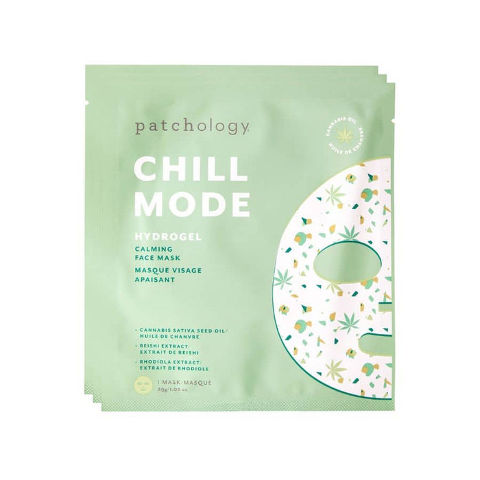Patchology Chill Mode hydrogel face mask in sage green pack with calming cannabis and botanical design for soothing skincare