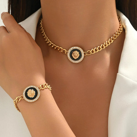 Chunky Black Enamel Lion Head Choker Necklace & Bracelet Link Chain Combo Set