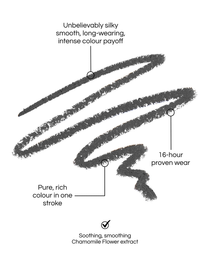 Seamless Glide Eye Pencil swatch, with text demonstrating the benefits: Unbelievably silky smooth, long-wearing, intense colour payoff. 16-hour proven wear. Pure-rich colour in one stroke. Soothing, smoothing Chamomile Flower Extract. In shade Cinder Smoke.