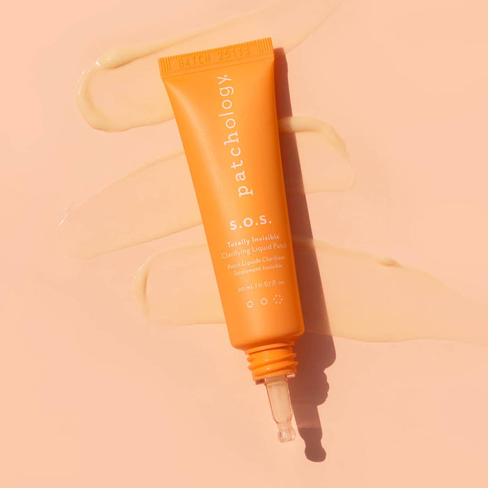 Patchology S.O.S. Totally Invisible Clarifying Liquid Patch tube in bright orange with clear applicator, set on a peach background with gel texture swatches