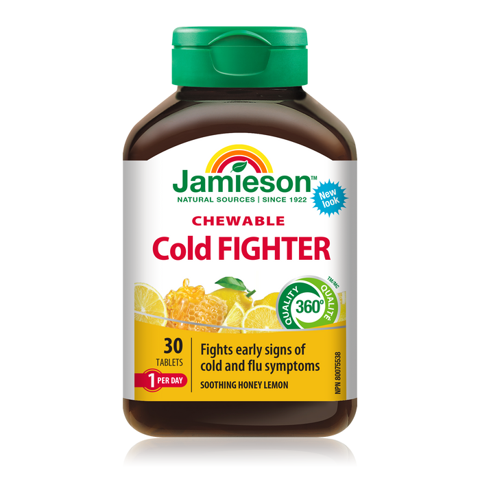 31000835 Jamieson Cold Fighter | Chewable Soothing Honey Lemon Flavour 30 Tablets 9005_R2094_ColdFighter_Chewable_HoneyLemon_160cc_BTL_MAIN