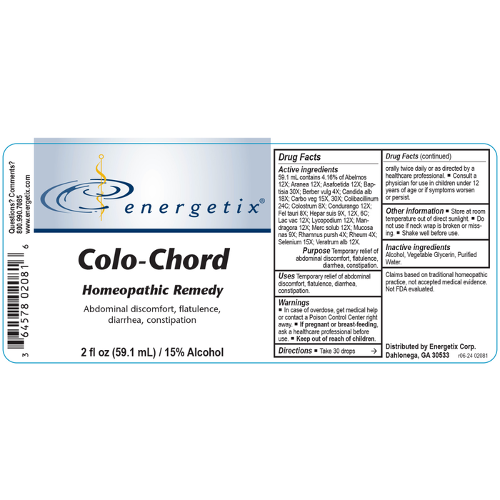 Energetix Colo-Chord homeopathic remedy label on a white background