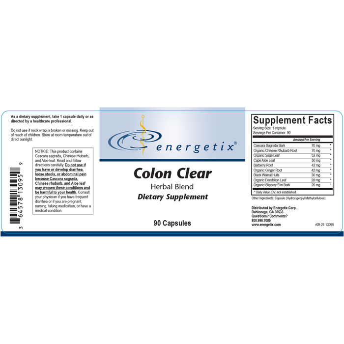 Energetix Colon Clear dietary supplement label on a white background