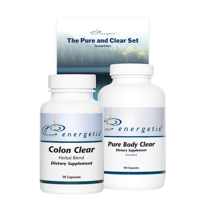 Colon Clear & Pure Body Clear Set w/ manual by Energetix, herbal supplement, bowel function, normal bowel function, bloating, constipation, primary elimination pathways, liver health, kidney function, gallbladder