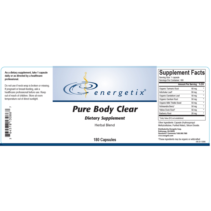 Energetix Pure Body Clear dietary supplement label on a white background