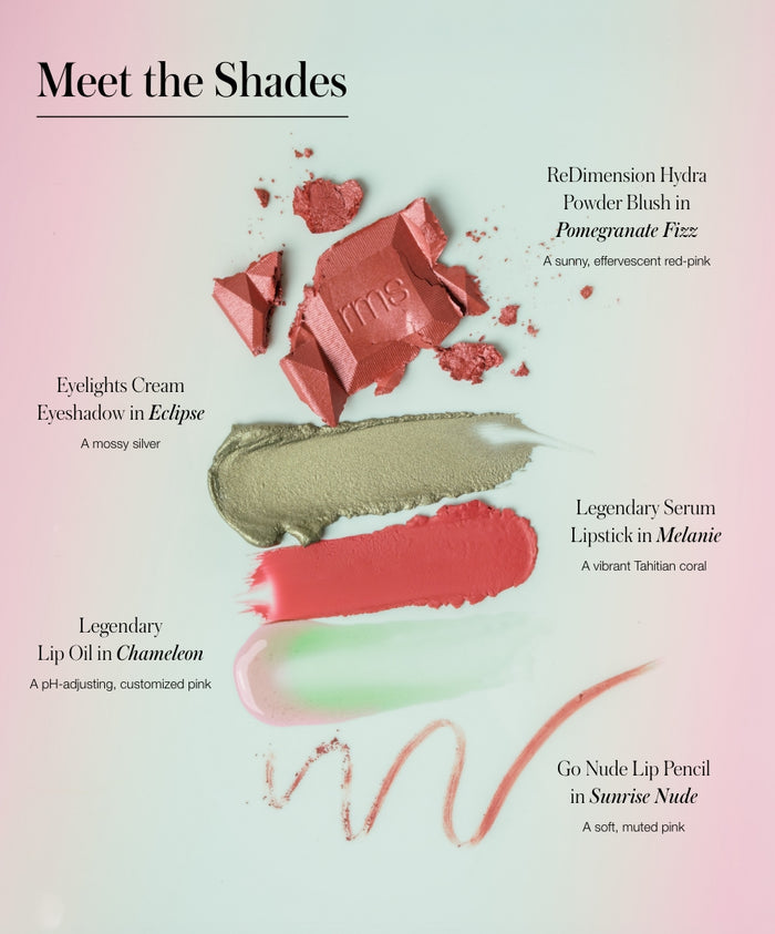 Color Capsule: Strawberry Matcha makeup shades swatched on a light background featuring a broken bright red-pink powder blush, mossy silver cream eyeshadow, vibrant coral lipstick, customized pink lip oil, and soft muted pink lip pencil.
