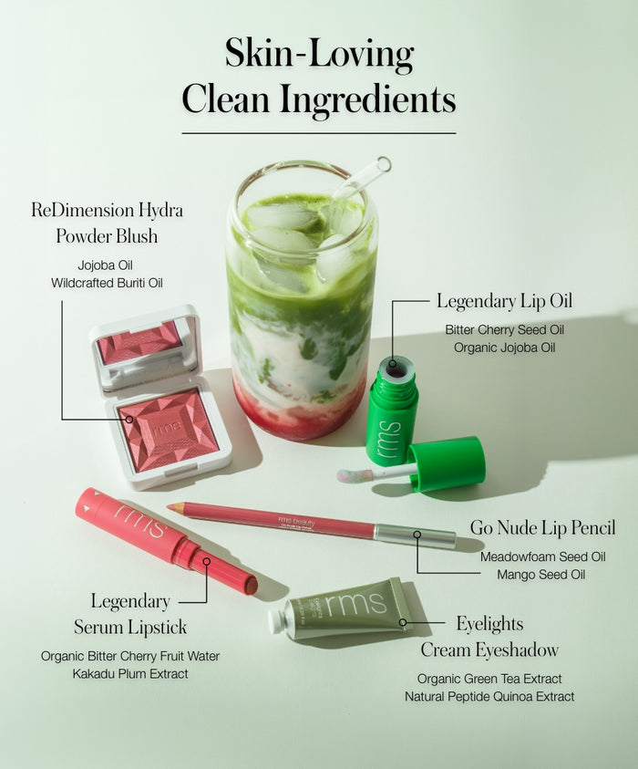 A display of Color Capsule: Strawberry Matcha with clean beauty ingredients including ReDimension Hydra Powder Blush, Legendary Lip Oil, Legendary Serum Lipstick, Go Nude Lip Pencil, and Eyelights Cream Eyeshadow, alongside a layered strawberry matcha drink.