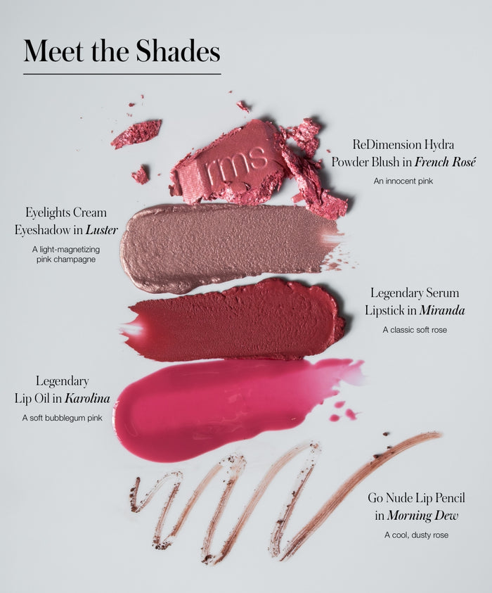 Swatches of five rosy makeup shades including ReDimension Hydra Powder Blush in French Rosé, Eyelights Cream Eyeshadow in Luster, Legendary Serum Lipstick in Miranda, Legendary Lip Oil in Karolina, and Go Nude Lip Pencil in Morning Dew for Color Capsule: The Rosé Edit featuring clean beauty and natural ingredients.