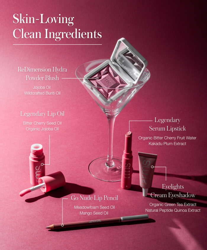 Clean beauty makeup products including ReDimension Hydra Powder Blush, Legendary Lip Oil, Legendary Serum Lipstick, Eyelights Cream Eyeshadow, and Go Nude Lip Pencil, highlighting natural and organic ingredients for Color Capsule: The Rosé Edit.