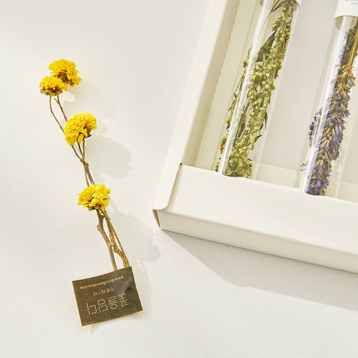 Flower tea stick vial with yellow dried blossoms and a dark plant label at the base