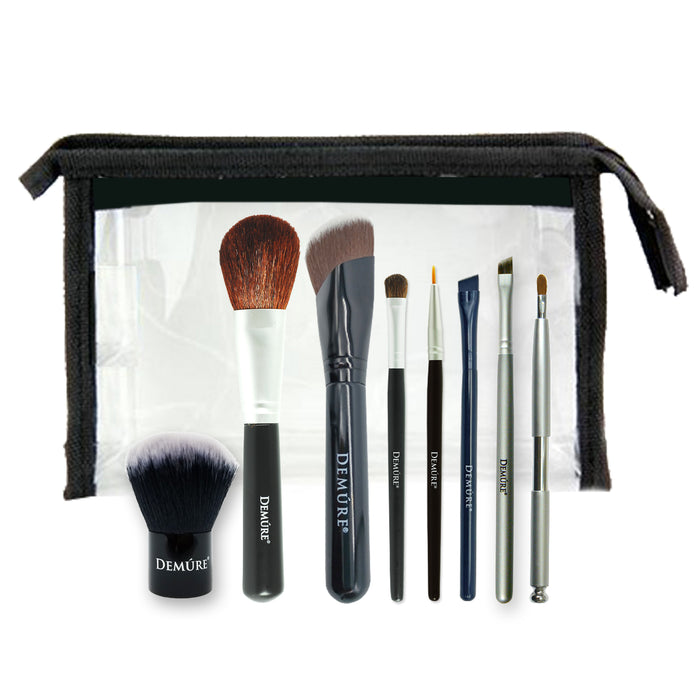 Complete Brush Set Brush showing each brush included and the clear acrylic makeup bag it comes in.