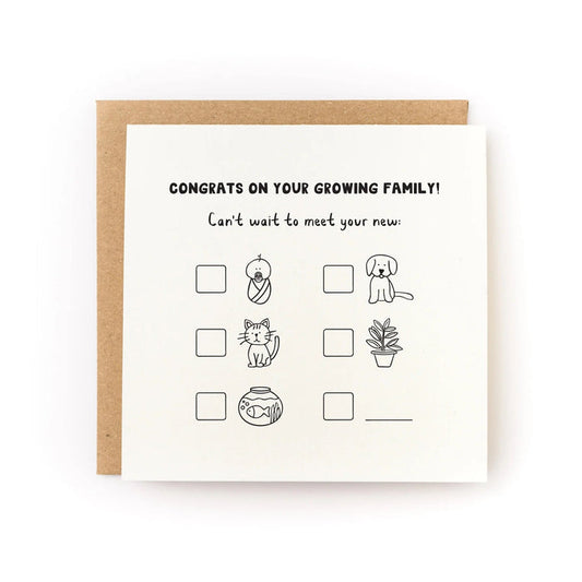 Letterpress greeting card with black text and family icons, includes kraft envelope