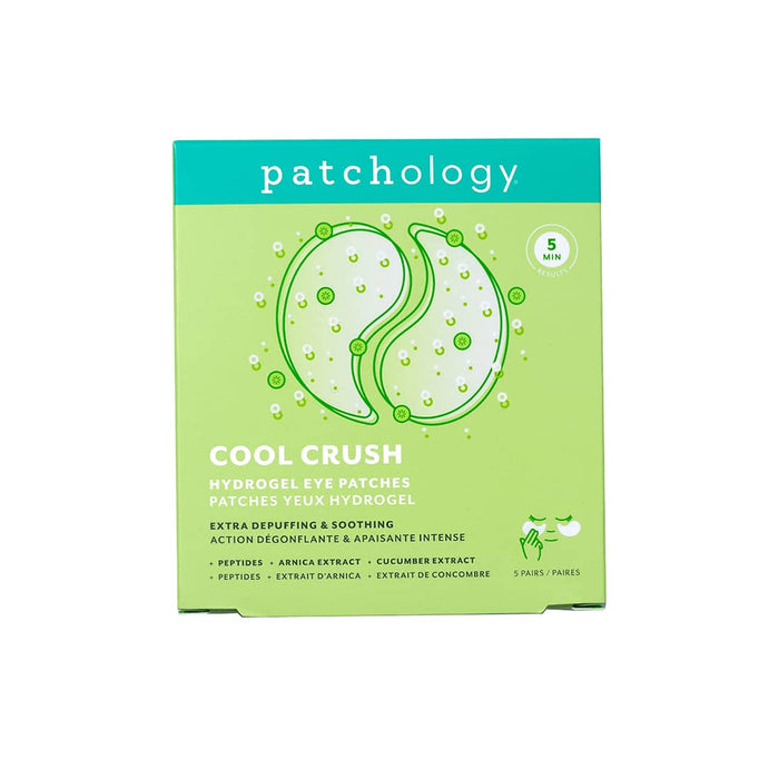 Patchology “Cool Crush” hydrogel eye patches, depuffing and soothing under-eye gels with peptides, arnica, and cucumber for refreshed, revitalized skin