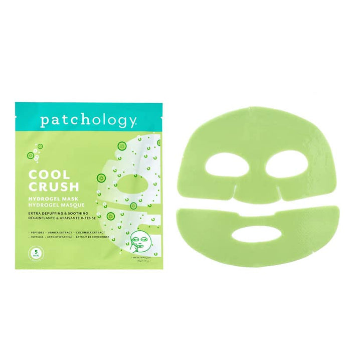 Patchology Cool Crush hydrogel mask packaging and mask on a white background