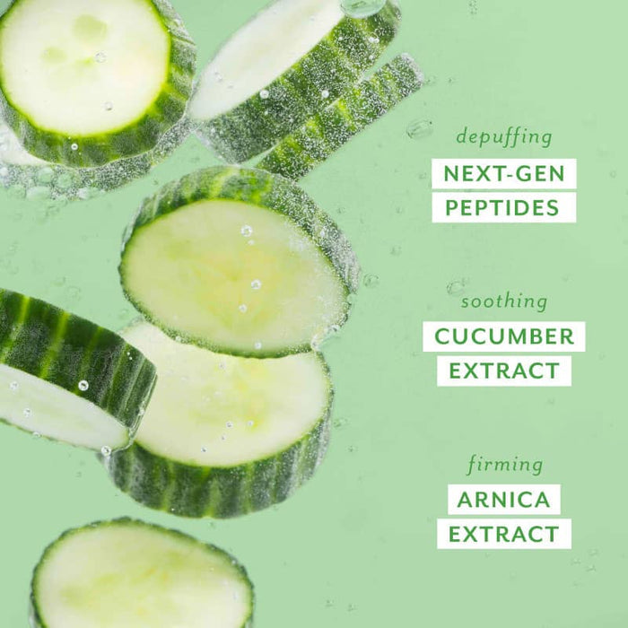 Cucumber slices with text highlighting cool crush ingredients on a green background