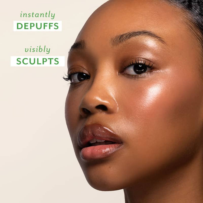 Close-up of a woman's face with text indicating product benefits on a beige background