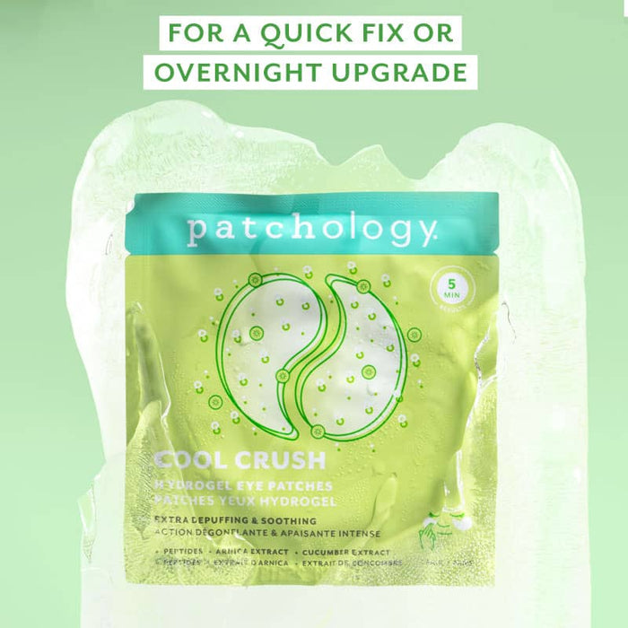 Patchology Cool Crush hydrogel eye patches packaging on a green background