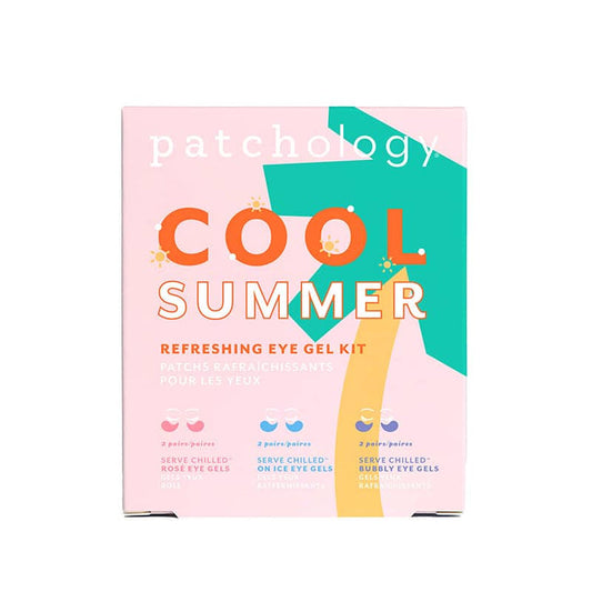 Patchology Cool Summer Refreshing Eye Gel Kit in pink packaging with bold orange and teal details.