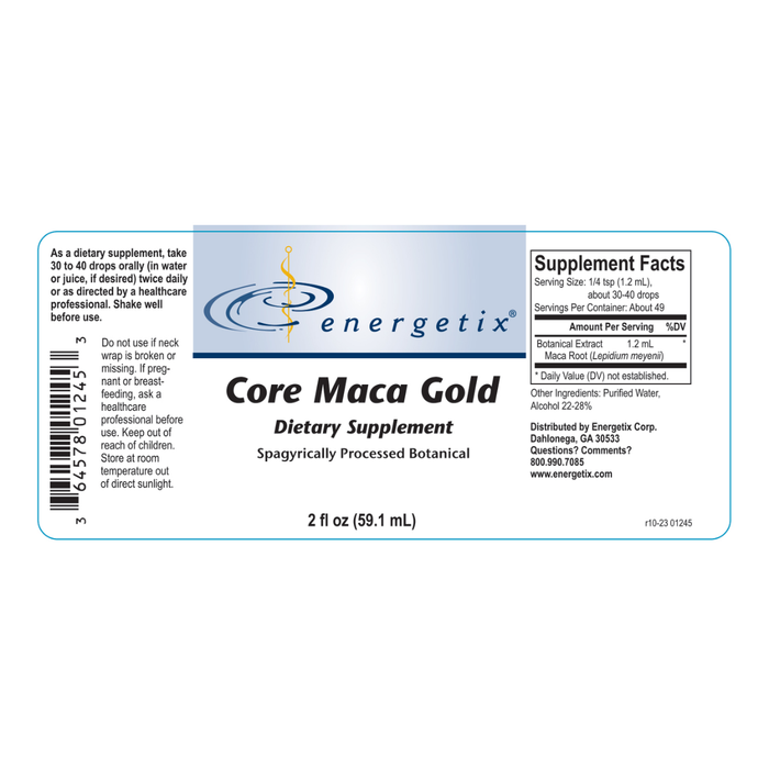 Core Maca Gold is a spagyrically processed, adaptogenic botanical extract of Peruvian maca root (Lepidium meyenii) for the support of reproductive and sexual health, normal fertility, and overall mental and physical vitality in both men and women.*