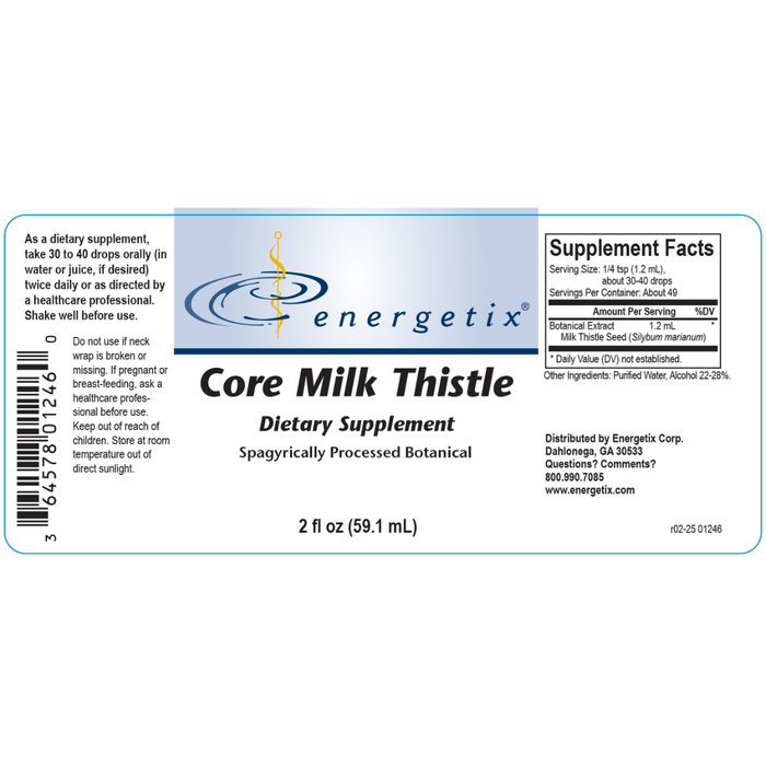 Core Milk Thistle is a spagyrically processed botanical extract of Silymarin marianum known for its comprehensive support of healthy liver function, normal hepatic repair and regeneration, and glutathione production.*