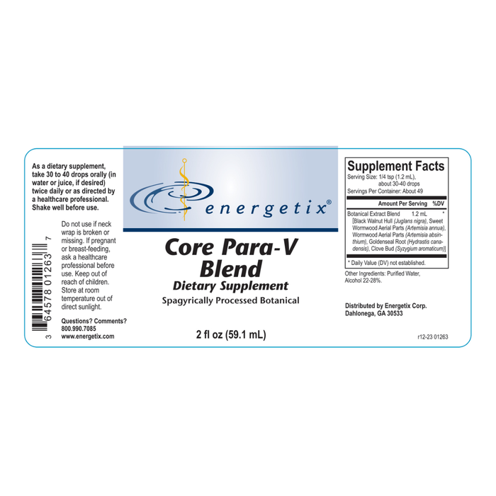 Core Para-V Blend is a spagyrically processed botanical blend featuring Artemisia absinthium (wormwood), Artemisia annua (sweet wormwood), black walnut, clove bud, and goldenseal designed to support an intestinal landscape inhospitable to parasitic worms (helminths), normal liver and gastrointestinal function, and healthy microflora.